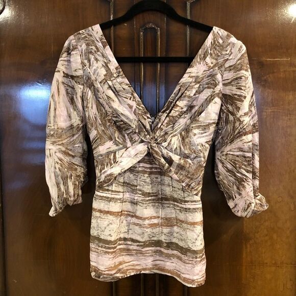 BCBG Max Azria Brown V Neck Blouse w/ Tie Detail and Exposed Zipper size Small - Picture 5 of 12